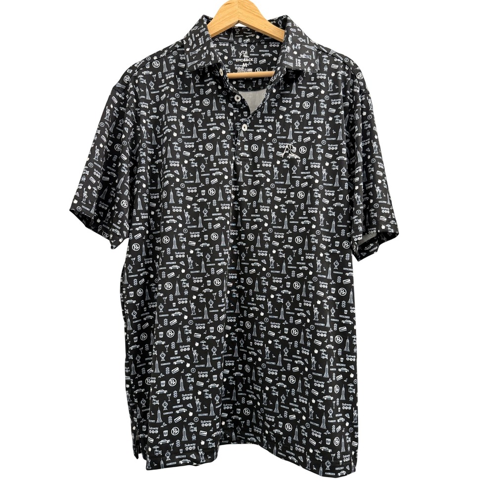 Rhoback Mens The Big Apple NYC Print Performance Polo Shirt Black White Size M